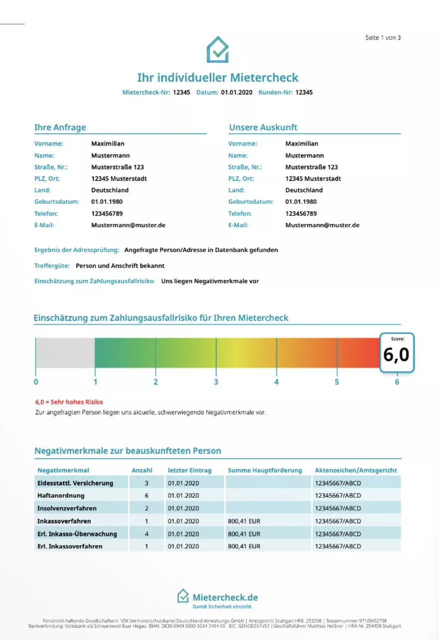 Beispiel eines Mieterpasses, Mieterchecks Bild 1 Beispiel eines Mieterpasses, Mieterchecks Bild 1